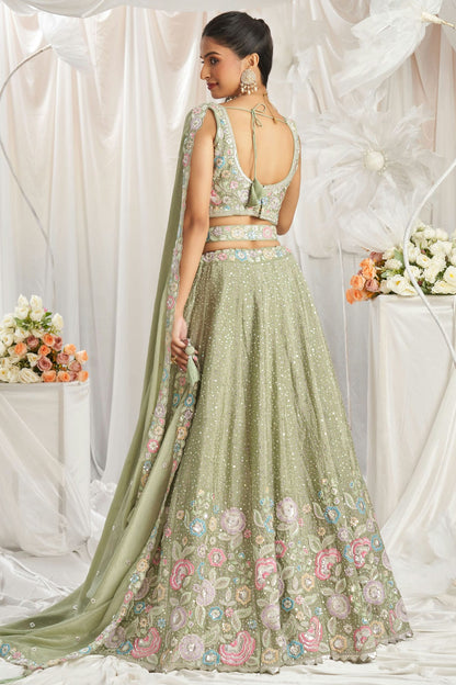 Pista Green Colour Chiffon Embroidery Lehenga Choli