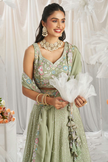 Pista Green Colour Chiffon Embroidery Lehenga Choli