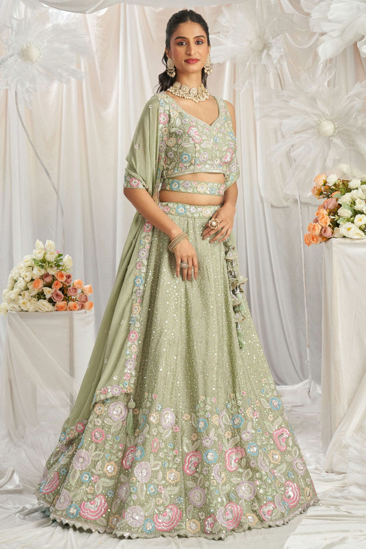 Pista Green Colour Chiffon Embroidery Lehenga Choli