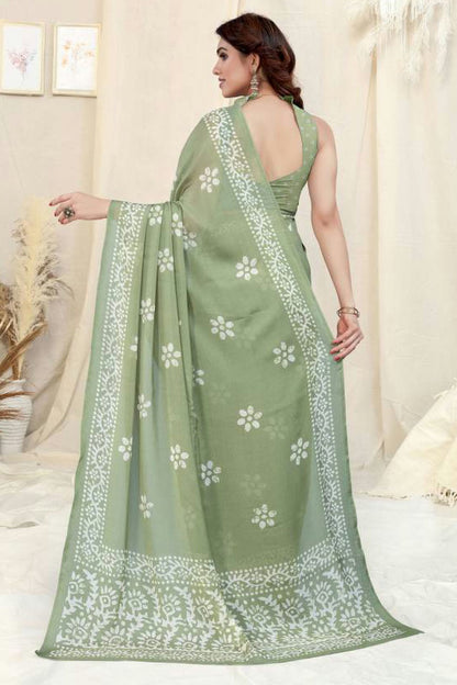 Pista Green Colour Chinon Chiffon Printed Saree