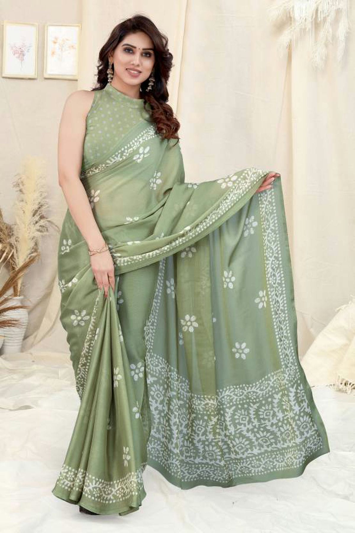 Pista Green Colour Chinon Chiffon Printed Saree