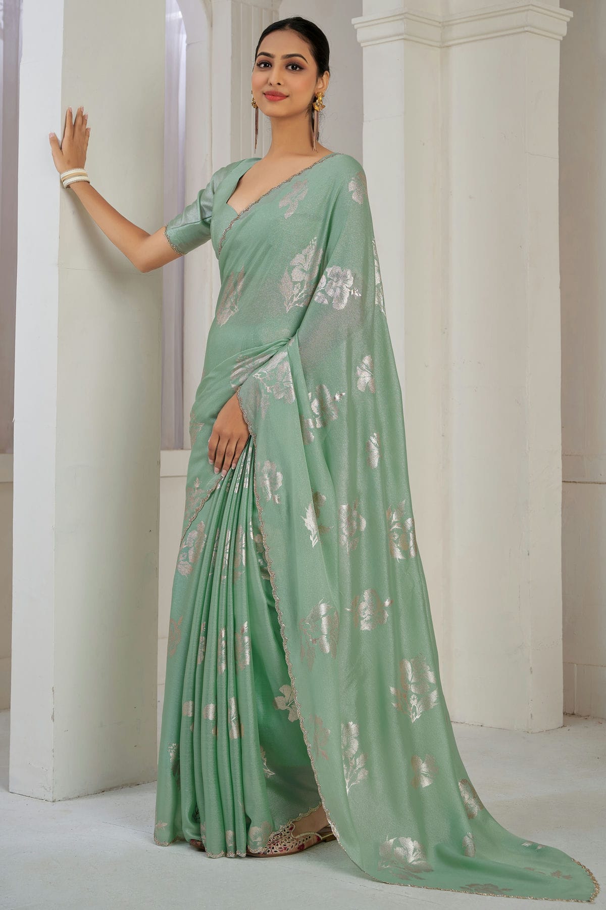 Pista Green Colour Chinon Silk Designer Saree