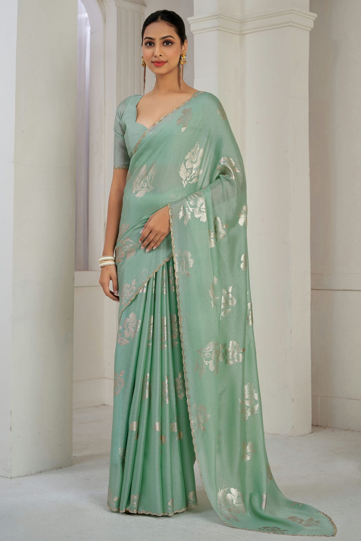 Pista Green Colour Chinon Silk Designer Saree