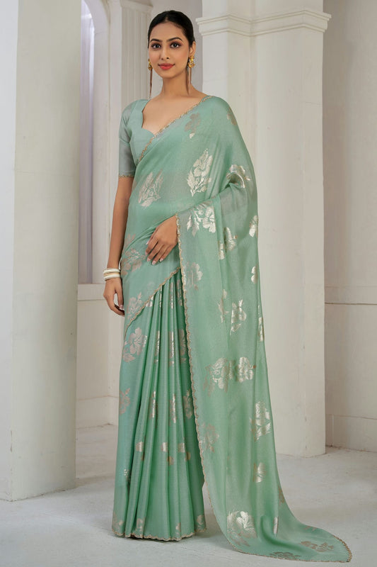 Pista Green Colour Chinon Silk Designer Saree