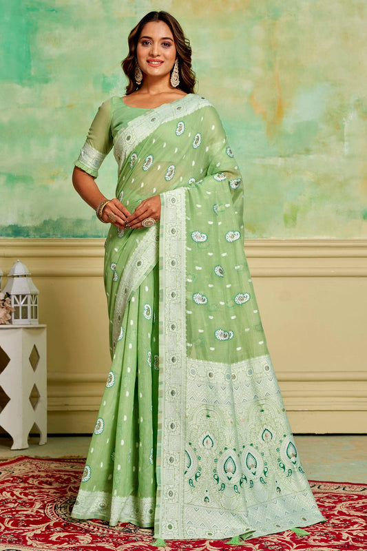 Pista Green Colour Cotton Traditional Saree