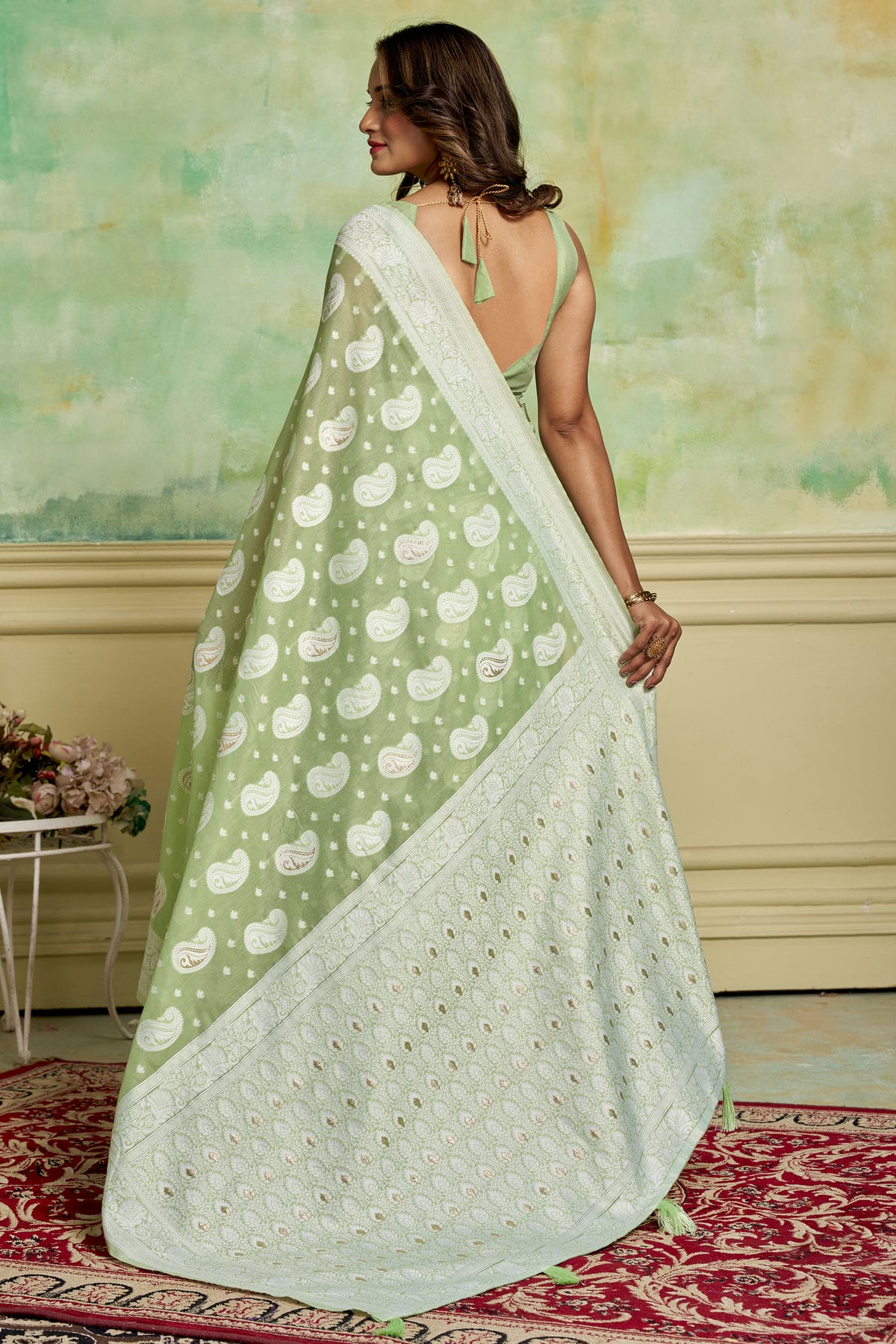 Pista Green Colour Cotton Traditional Saree