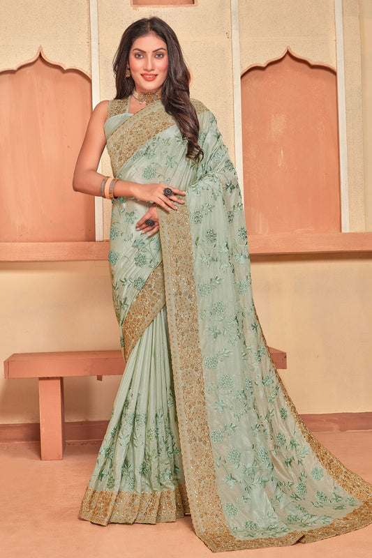 Pista Green Colour Crepe Silk Designer Saree