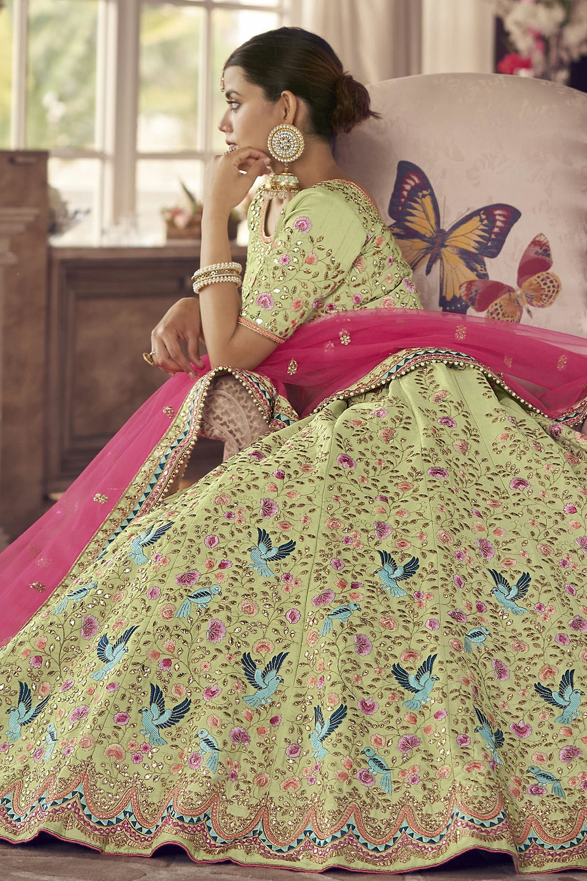 Pista Green Colour Embroidery Art Silk Lehenga Choli