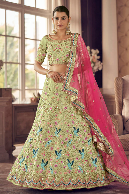 Pista Green Colour Embroidery Art Silk Lehenga Choli