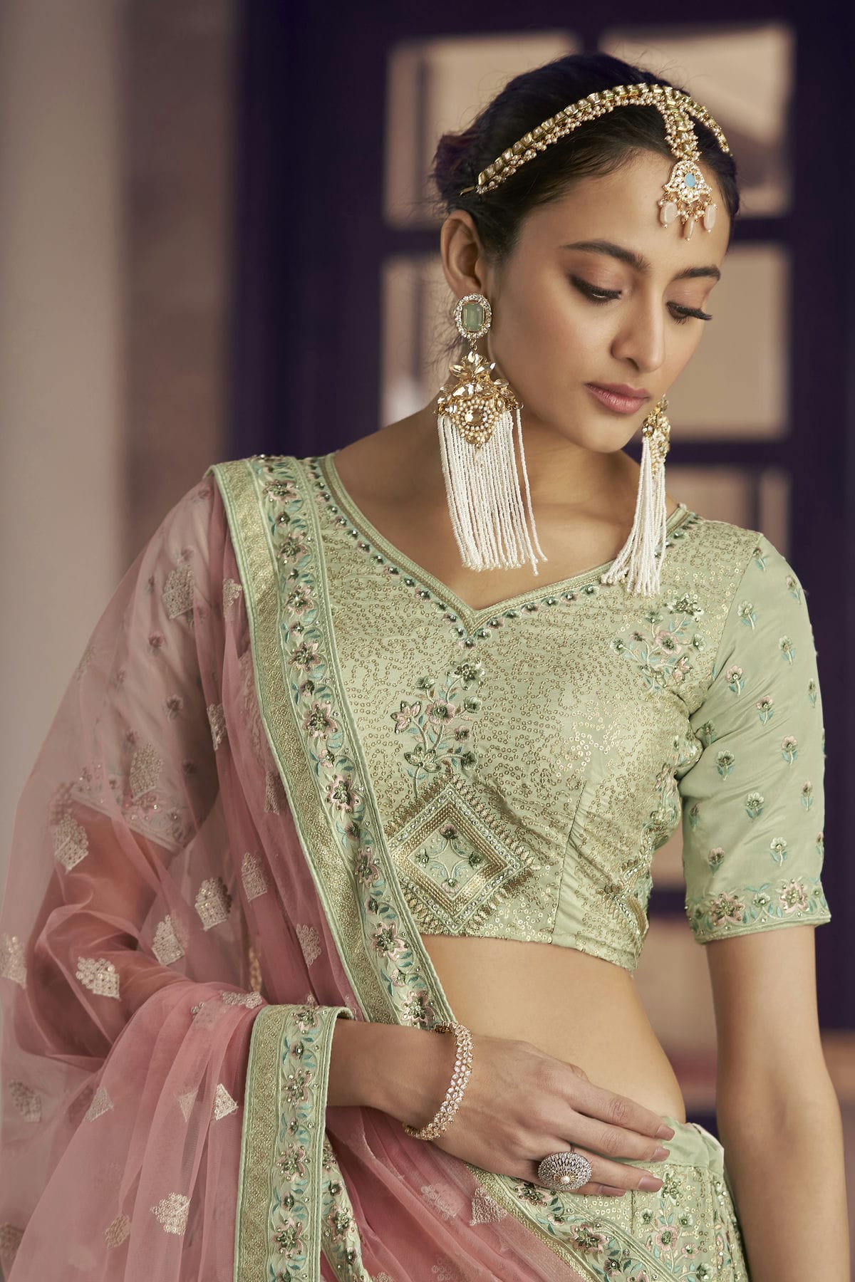 Pista Green Colour Embroidery Crepe Lehenga Choli