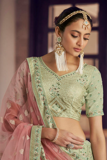 Pista Green Colour Embroidery Crepe Lehenga Choli