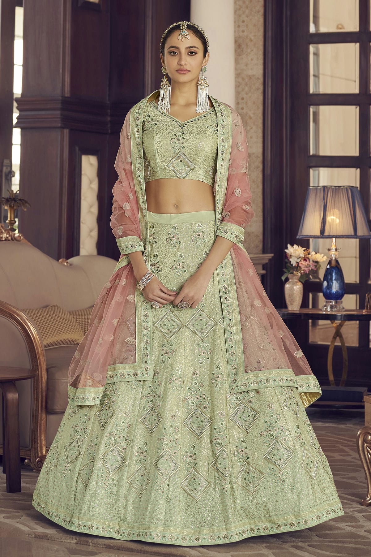 Pista Green Colour Embroidery Crepe Lehenga Choli