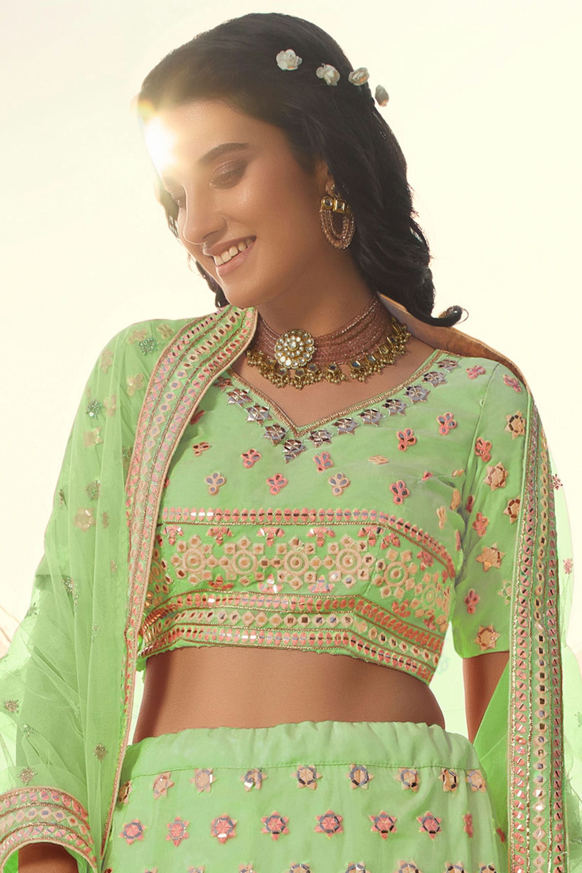 Pista Green Colour Embroidery Organza Lehenga Choli