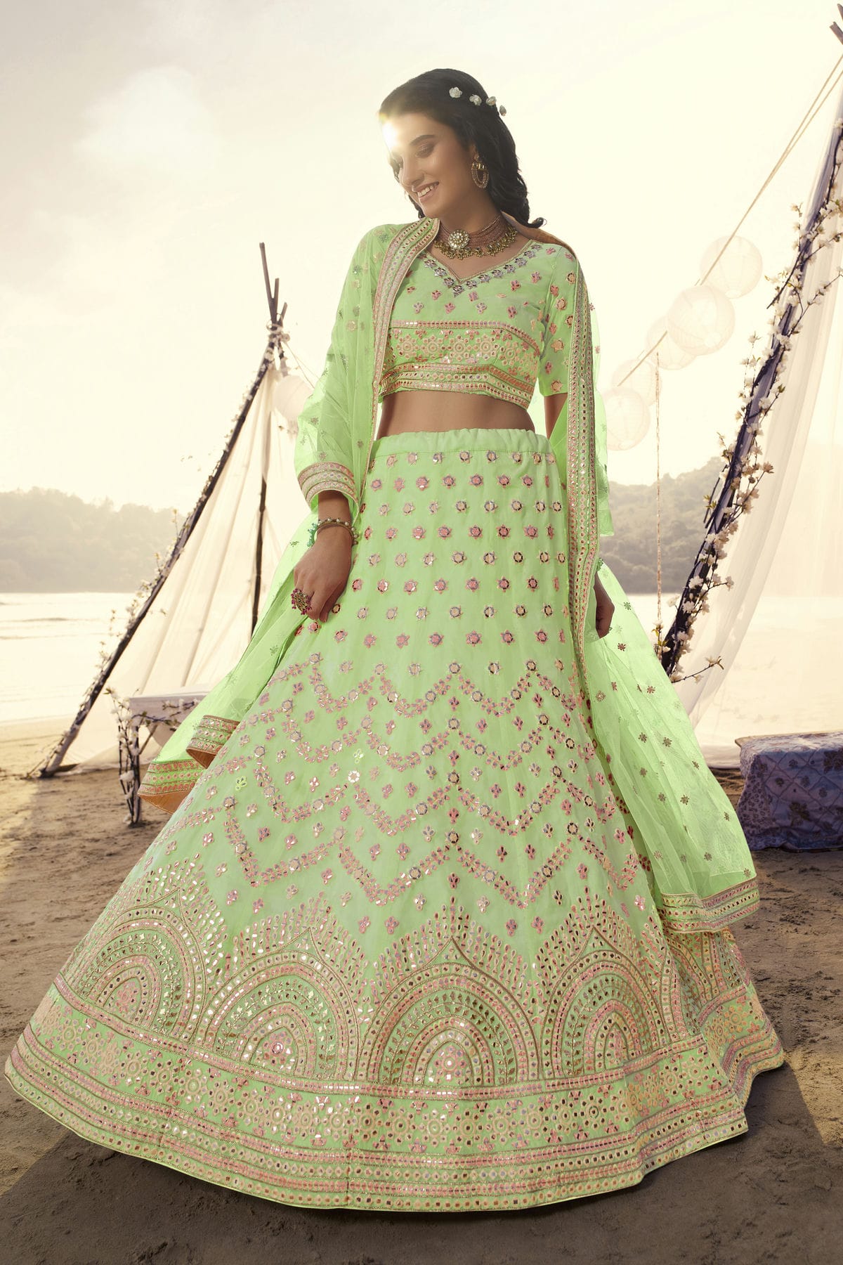 Pista Green Colour Embroidery Organza Lehenga Choli