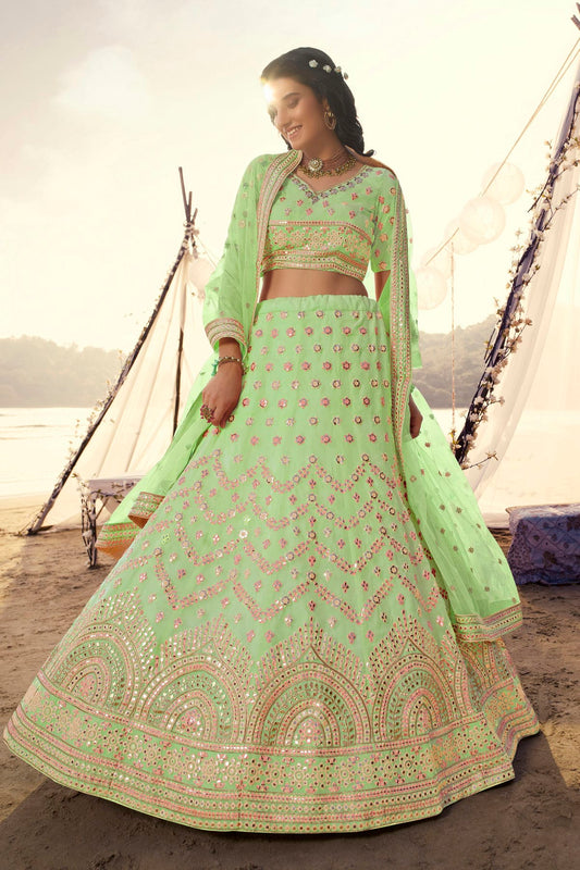 Pista Green Colour Embroidery Organza Lehenga Choli