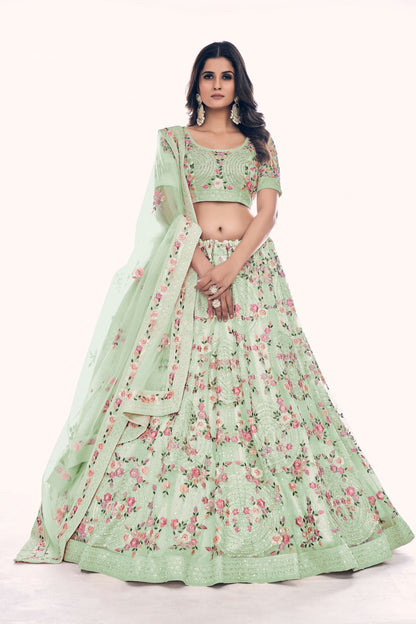 Pista Green Colour Embroidery Soft Net Lehenga Choli