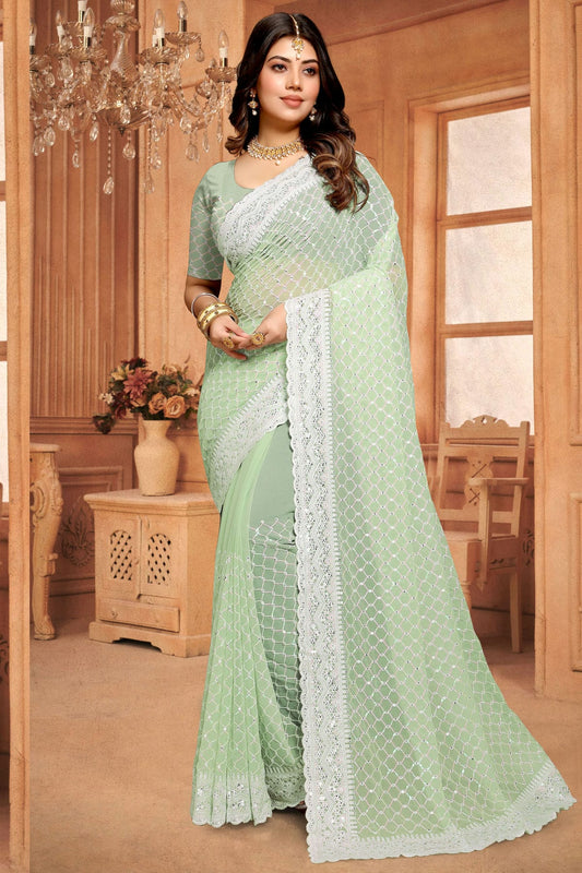 Pista Green Colour Georgette Designer Saree