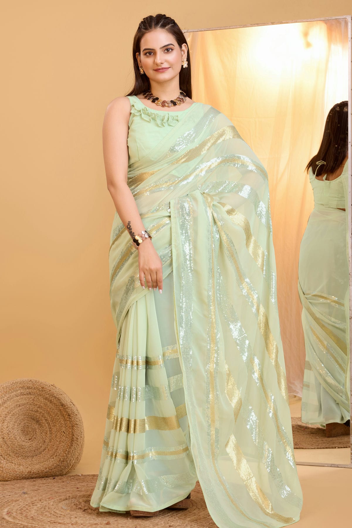 Pista Green Colour Georgette Saree