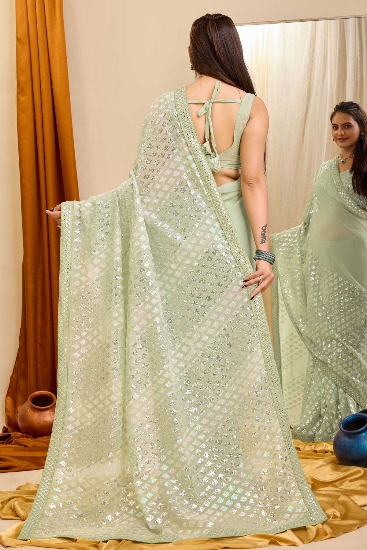 Pista Green Colour Georgette Saree