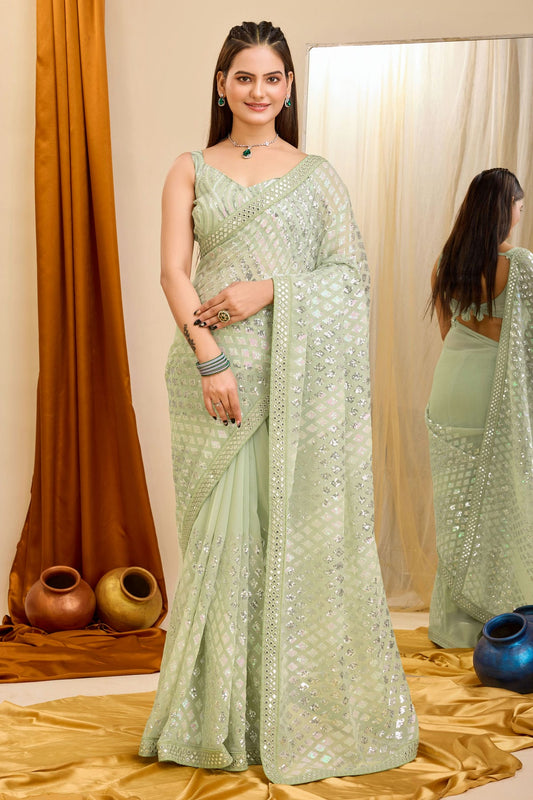 Pista Green Colour Georgette Saree