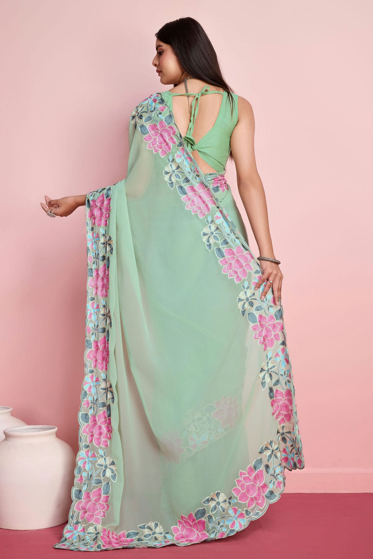 Pista Green Colour Georgette Saree