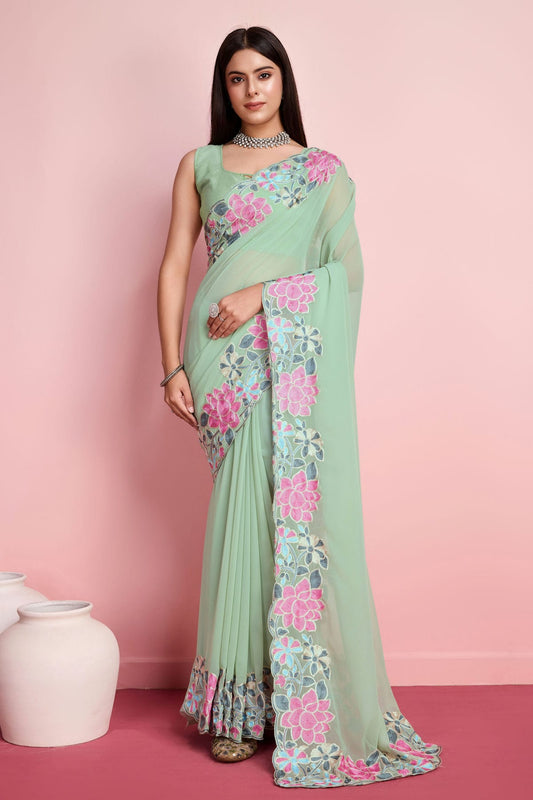 Pista Green Colour Georgette Saree