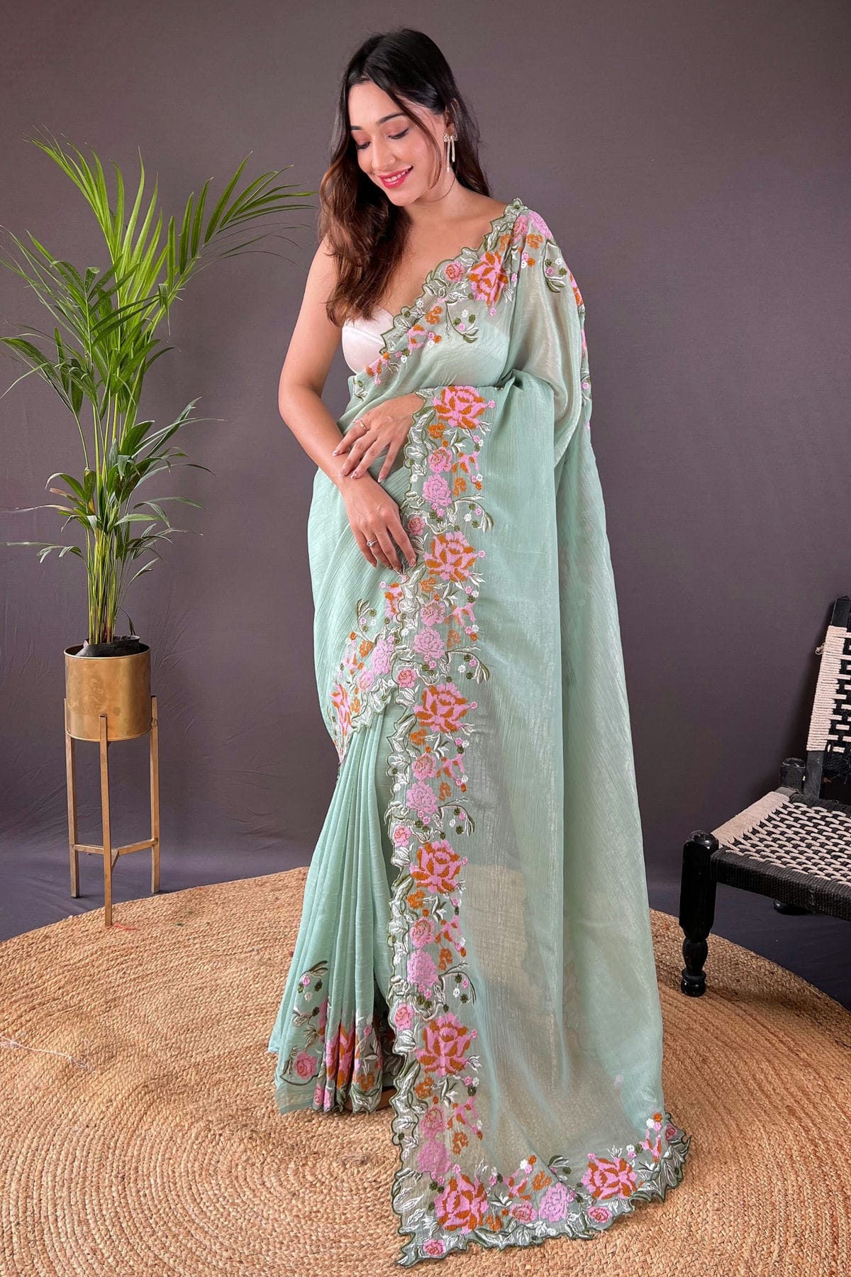 Pista Green Colour Glossy Silk Designer Saree