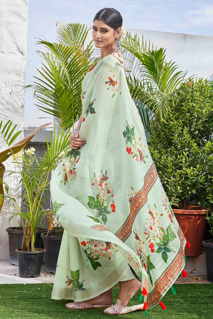 Pista Green Colour Linen Blend Printed Saree