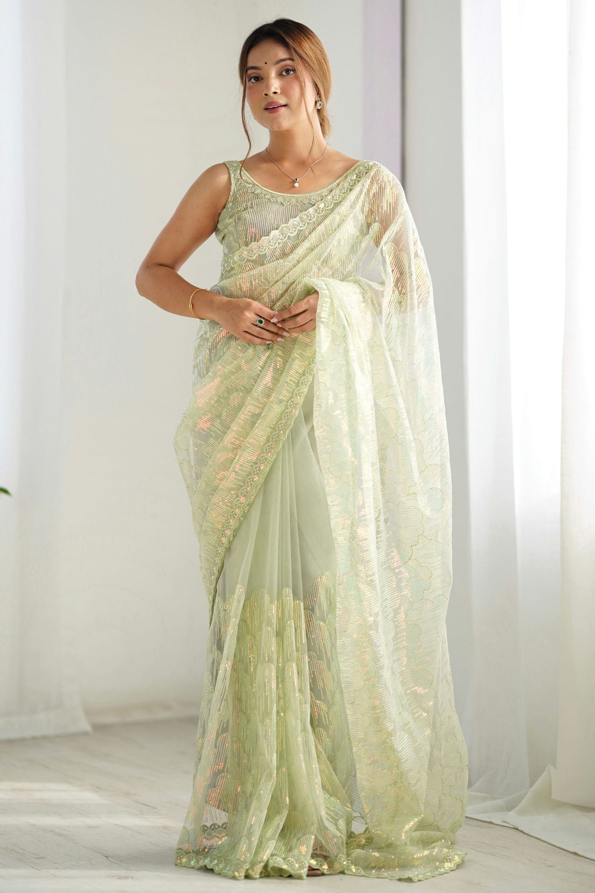 Pista Green Colour Mono Net Designer Saree