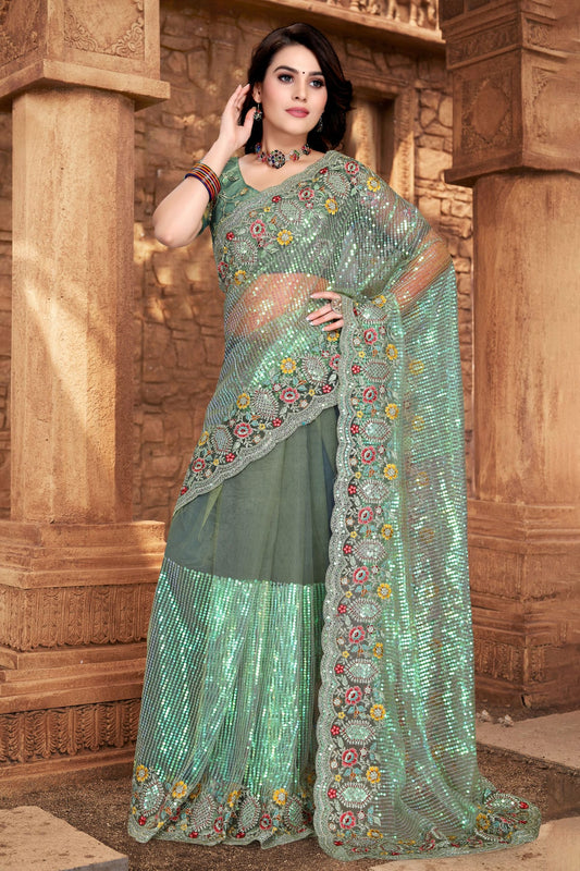 Pista Green Colour Net Designer Saree