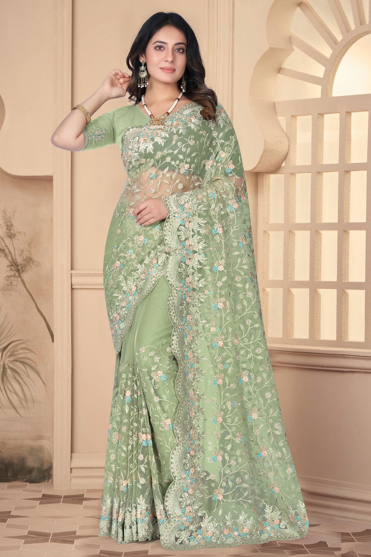 Pista Green Colour Net Designer Saree