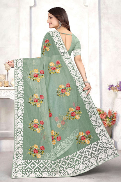 Pista Green Colour Organza Designer Saree