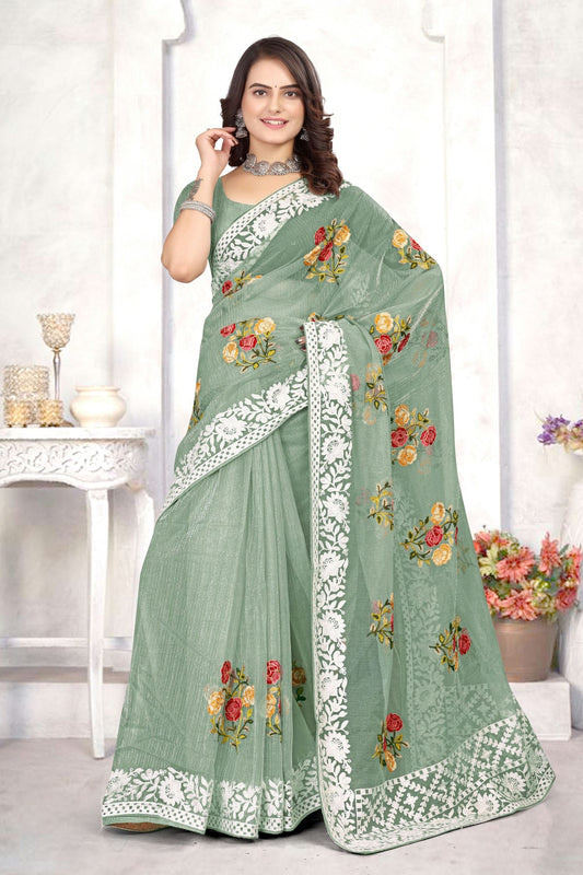 Pista Green Colour Organza Designer Saree