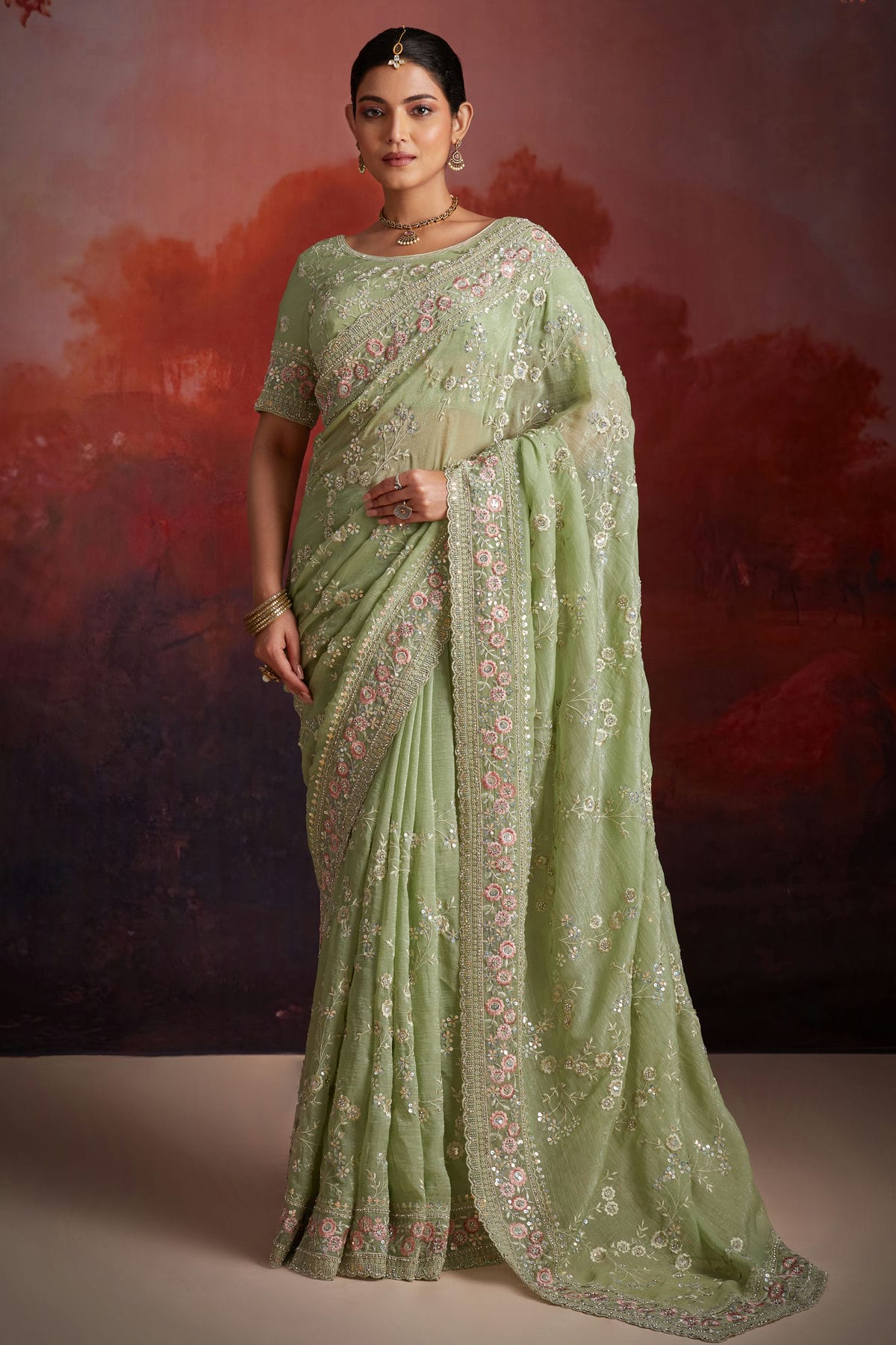 Pista Green Colour Organza Designer Saree