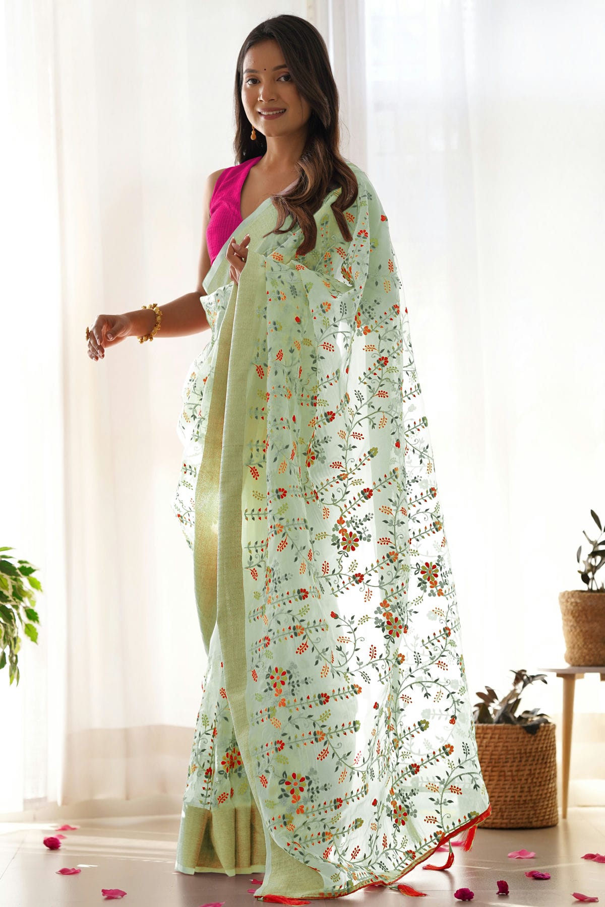 Pista Green Colour Organza Designer Saree