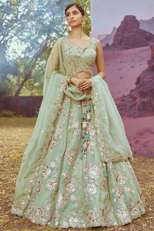 Pista Green Colour Organza Embroidery Lehenga Choli