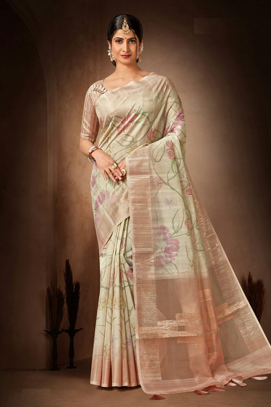 Pista Green Colour Organza Printed Saree