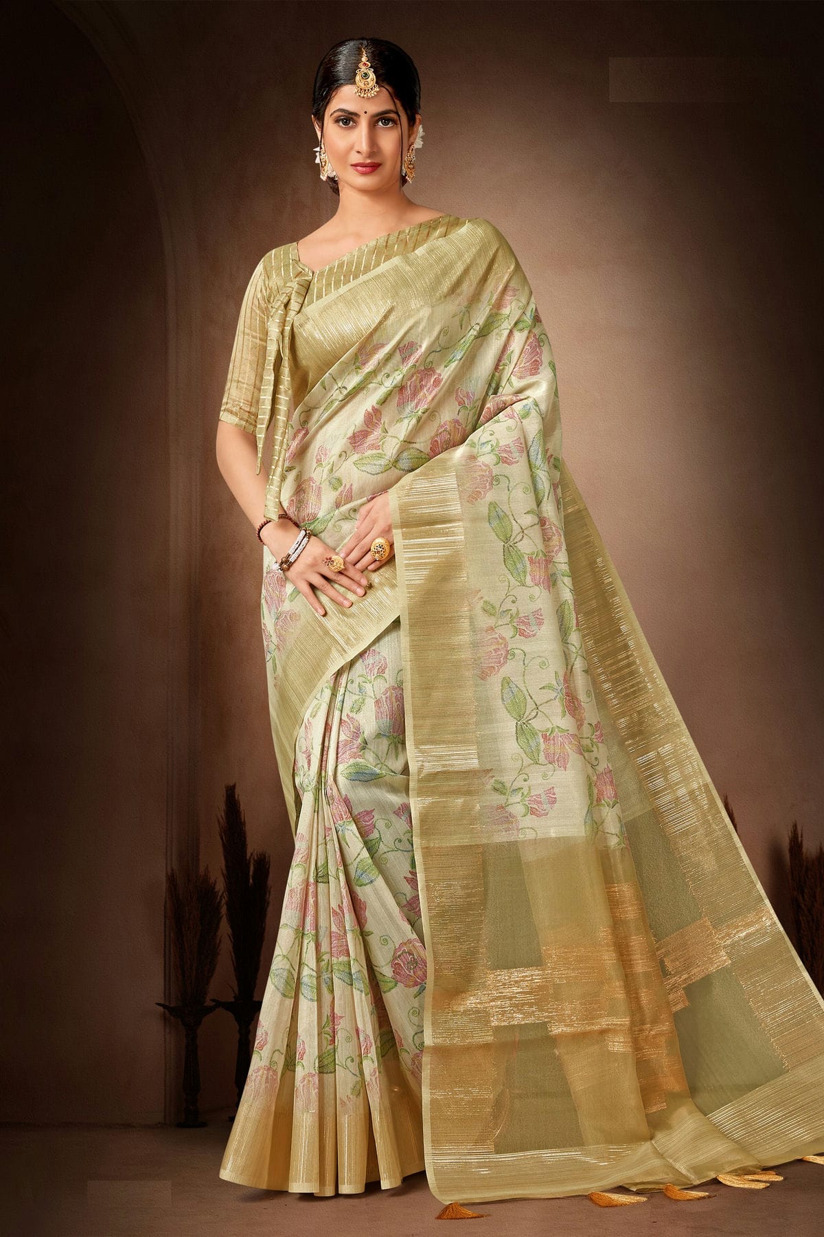 Pista Green Colour Organza Printed Saree