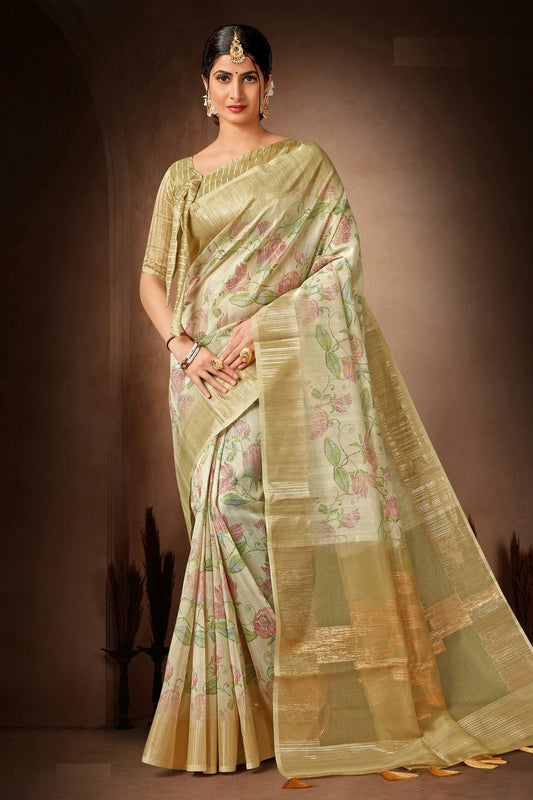 Pista Green Colour Organza Printed Saree