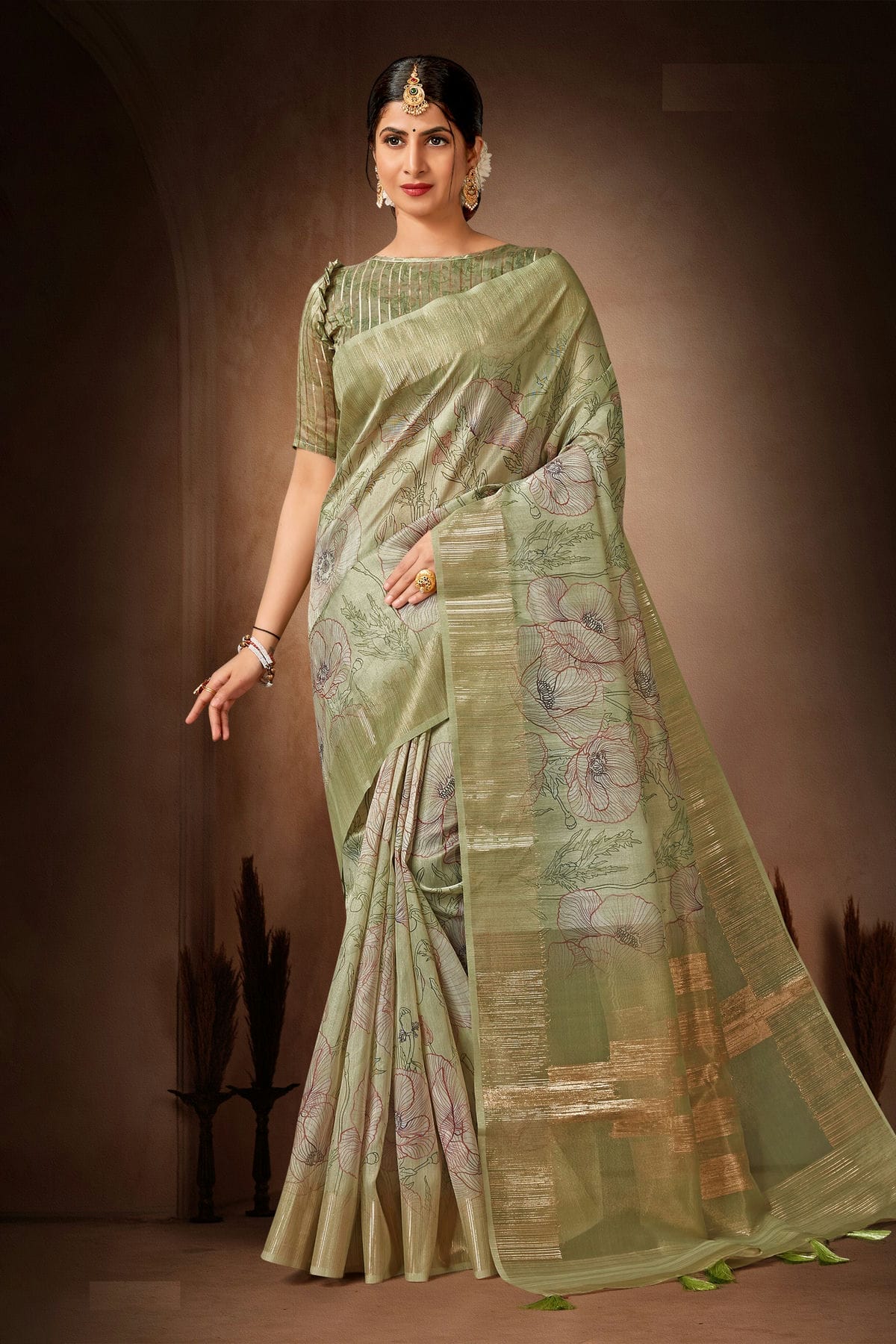 Pista Green Colour Organza Printed Saree