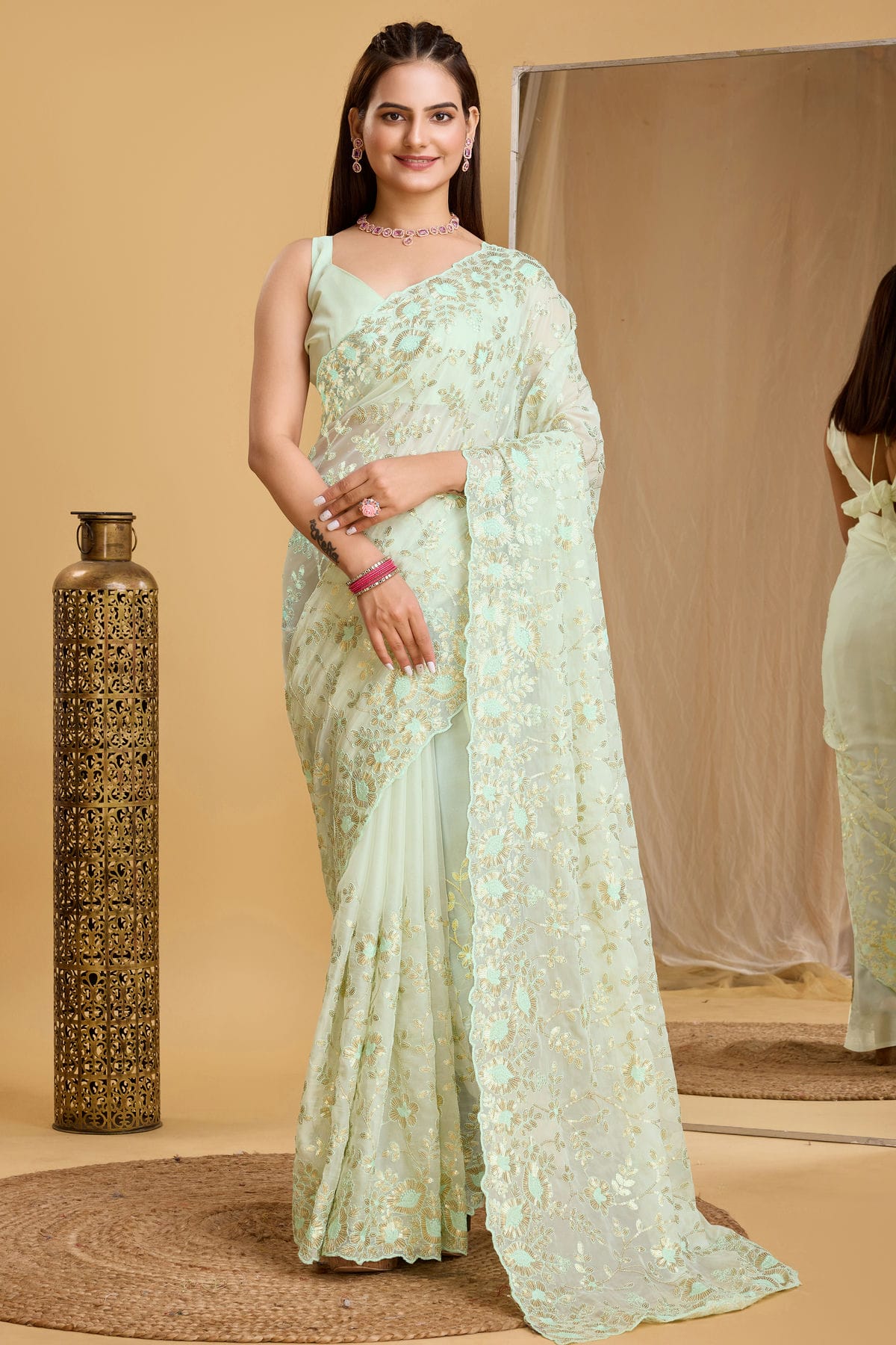 Pista Green Colour Organza Saree