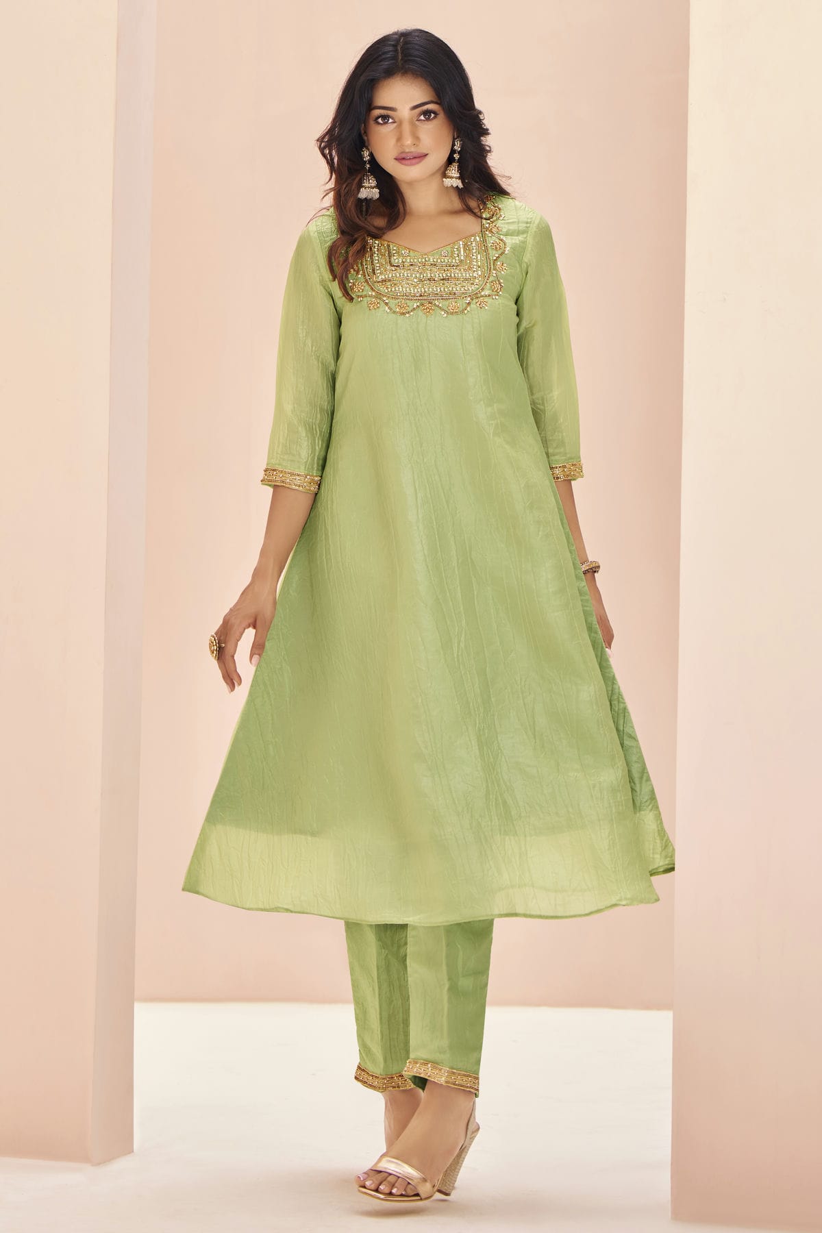 Pista Green Colour Organza Top and Bottom