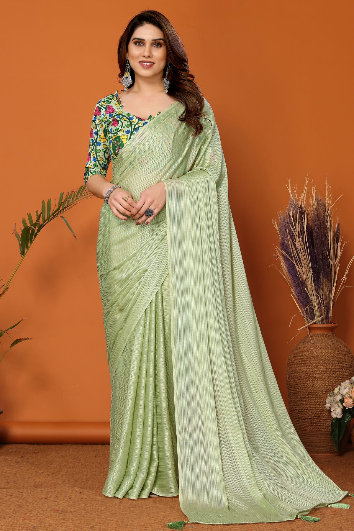 Pista Green Colour Polyester Printed Saree