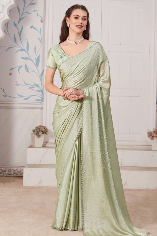 Pista Green Colour Pure Satin Designer Saree