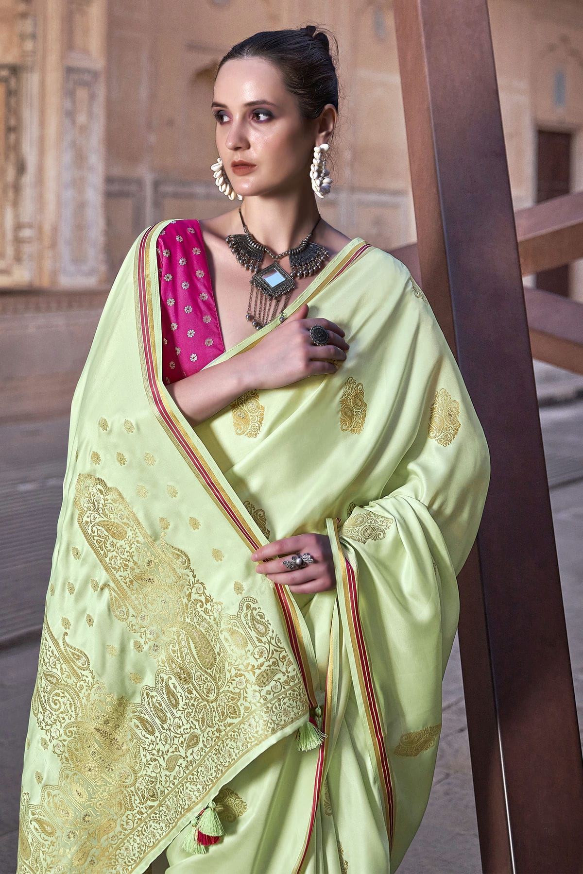 Pista Green Colour Satin Silk Saree