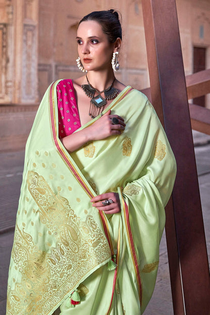 Pista Green Colour Satin Silk Saree