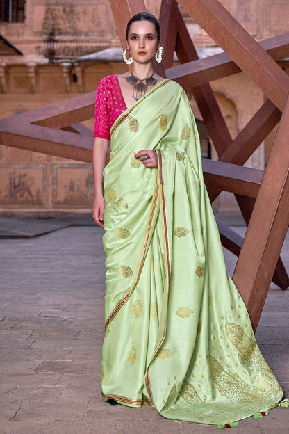 Pista Green Colour Satin Silk Saree