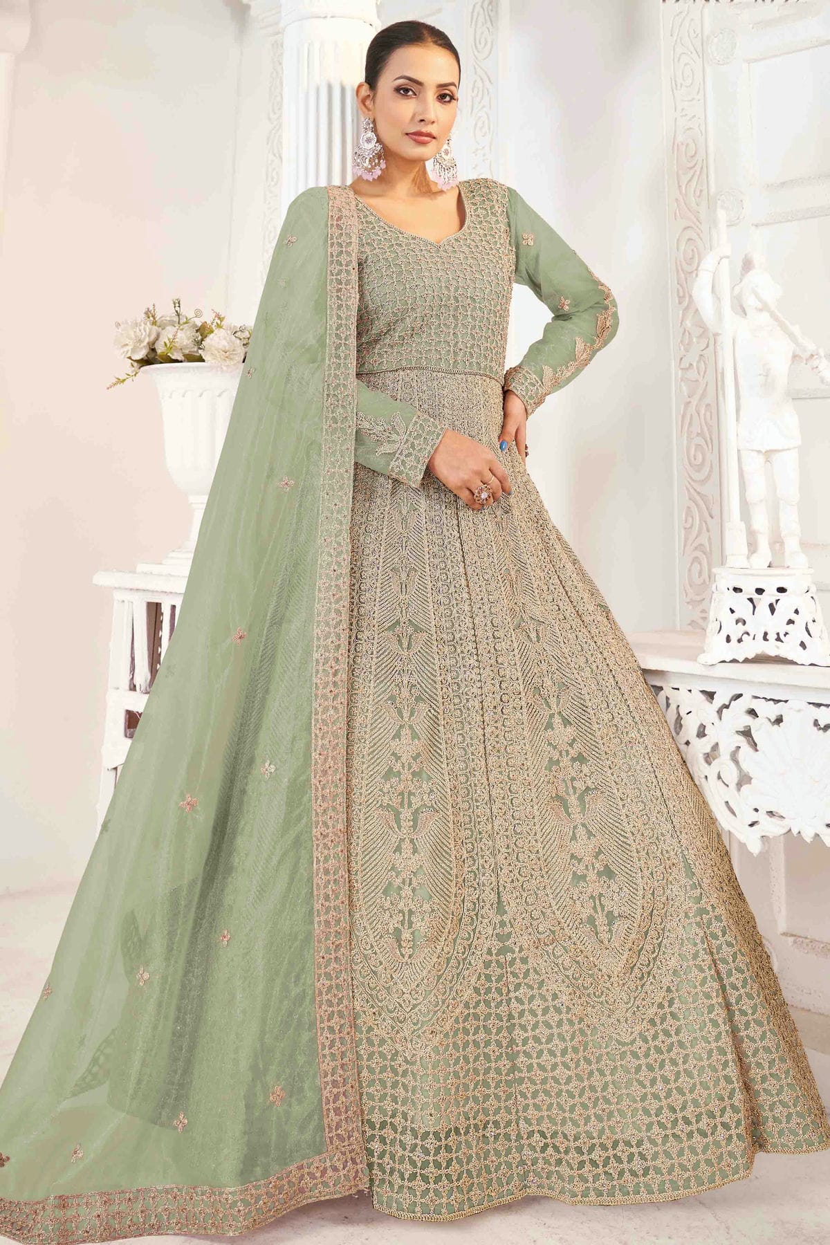 Pista Green Colour Semi Stitched Butterfly twill Net Anarkali Suit VSSM1140715