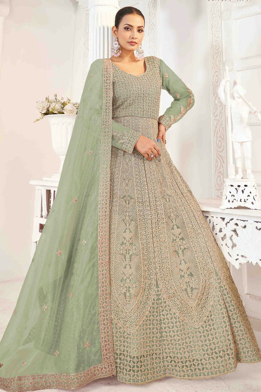 Pista Green Colour Semi Stitched Butterfly twill Net Anarkali Suit VSSM1140715