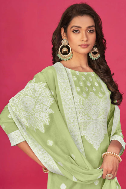 Pista Green Colour Semi Stitched Jacquard Straight Suit